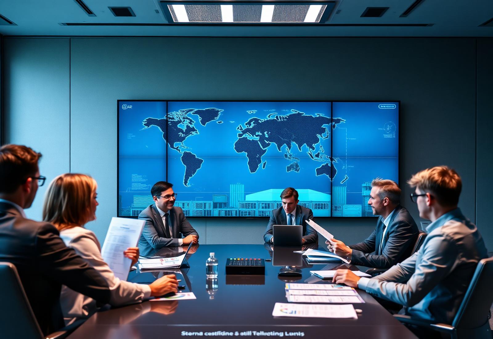 Executive team reviewing global trade operations