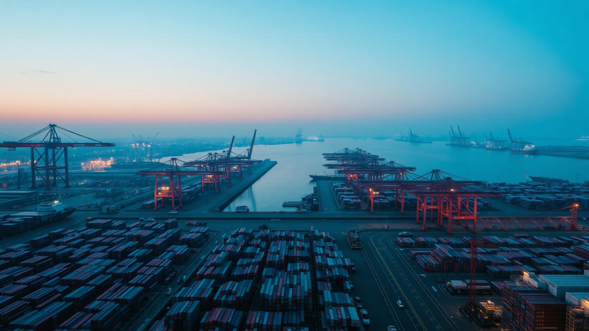 International shipping port at blue hour